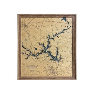 Può includere: Una mappa in legno incorniciata del lago Sinclair nelle contee di Baldwin, Hancock e Putnam, Georgia. La mappa presenta una rappresentazione dettagliata del lago e delle aree circostanti, con acqua blu e terra marrone. La cornice è di colore marrone scuro.