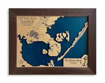 Karta över Little Egg Harbor, karta över Jersey Shore, anpassad träkarta, karta över New Jersey, 3D-träkarta, karta över Egg Harbor, strandhusdekor, karta över Jersey Coast