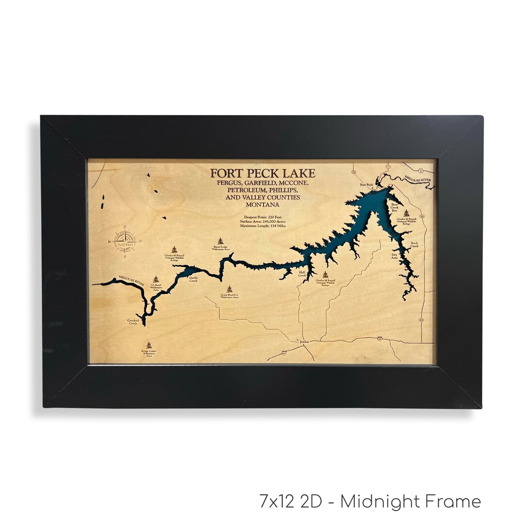 Fort Peck Lake Map, Fort Peck Map, Custom Lake Map, Wood Lake Map, 3D