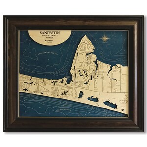 Sandestin Miramar Beach - dimensionale houtsnijwerk contourkaart - aanpassen met je huisinformatie - meerkunst - houten kaarten - reliëfkaarten