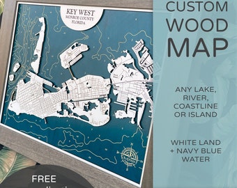 Custom Wood Map, White Land + Navy Blue Water, Lake House Décor, Lake Map, 3D Map, Wood Depth Map, Personalized Gifts, Nautical Lake Maps