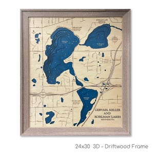 Gervais Lake Map, Keller Lake Map, Kohlman Lake Map, 3D Lake Map, Wood Lake Sign, Lake House Sign, Lake House Decor, Lake Gift, 3D Wood Map