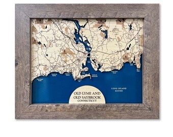 Old Lyme Map, Old Saybrook Map, Connecticut Map, Long Island Sound Map, Custom Map, 3D Wood Map, Nautical Decor, River Decor, River Gift