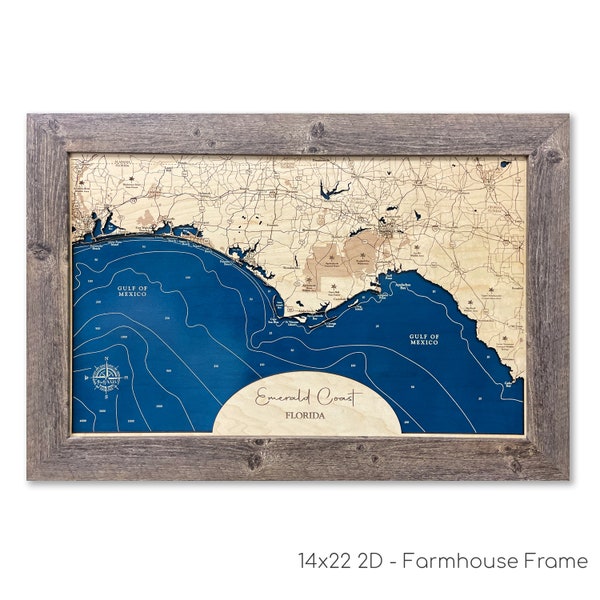Emerald Coast Map - Custom Wood Map - Florida Art - Panhandle Map - Contour Map - Beach House Decor - 3D Map - Florida Map - Depth Map