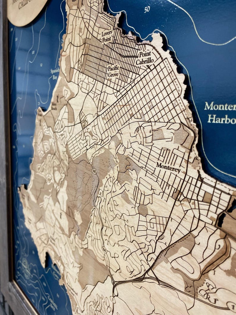 Engraved Wood Map, Monterey Bay California, Custom Beach Decor image 3
