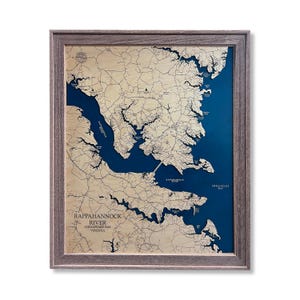Rappahannock-rivierkaart, kaart van Virginia, reiscadeau, huwelijksreiskaart, reiskaart, kerstkaart, houten kaart, 3D-kaart, jubileumcadeau