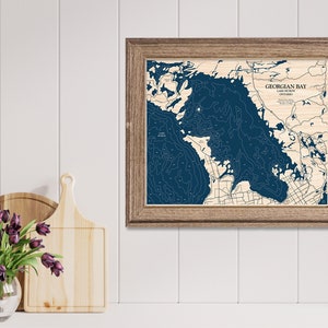 Carte de la baie Georgienne, carte du lac Huron, carte personnalisée du lac, carte du lac en bois, art mural 3D, carte des contours, décoration de maison sur le lac, carte du lac, carte de la profondeur, art du lac