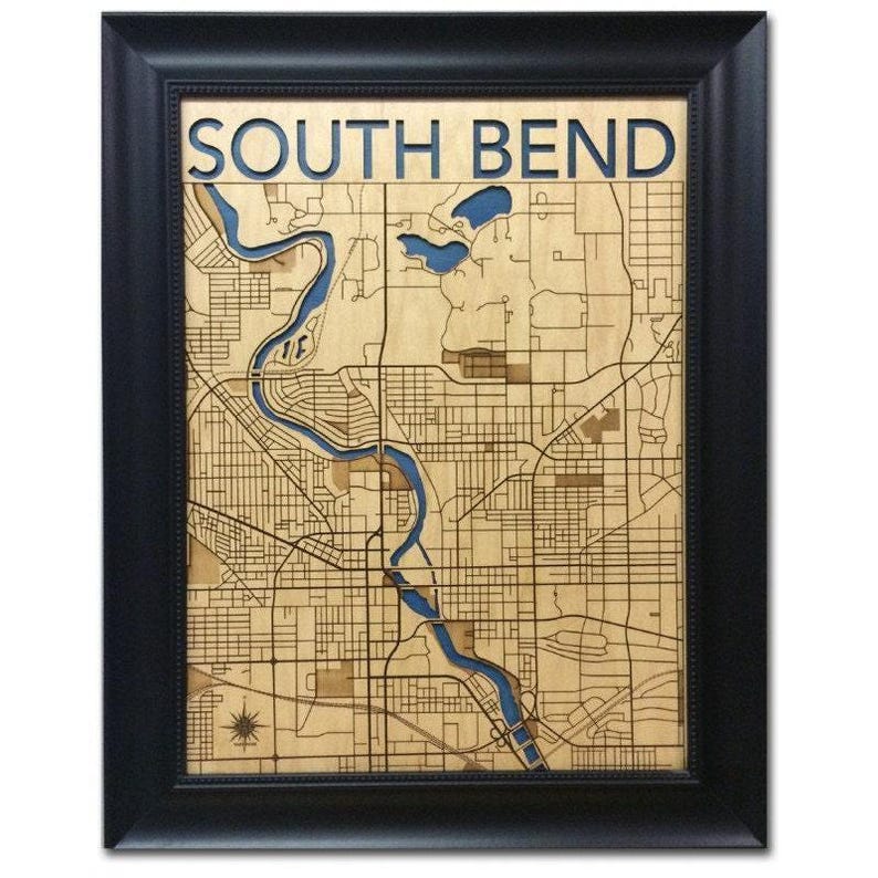South Bend Wood Map: Handcrafted 3D City Wall Art image 1