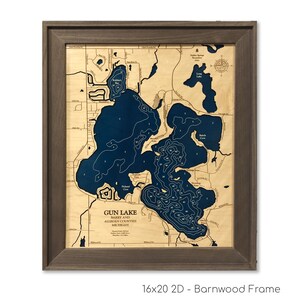 Carte Gun Lake - carte en bois personnalisée - oeuvre d'art - art mural 3D - carte des contours - décoration maison du lac - carte du lac - carte de la profondeur - bathymétrique - art du lac - 3D