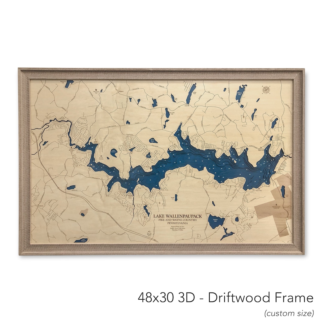 Lake Wallenpaupack, Custom Wood Map, 3D Wall Art, Contour Map Lake