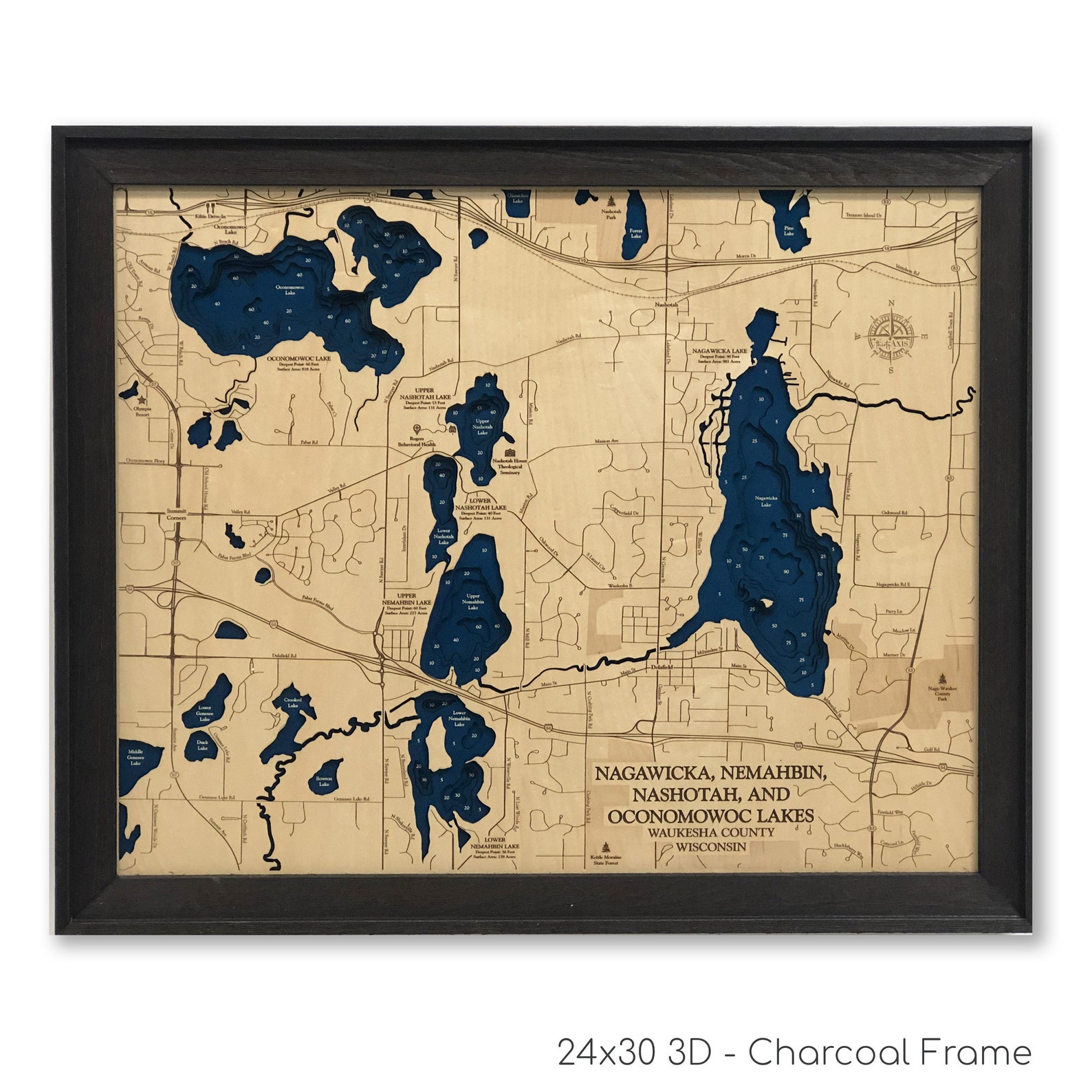 Nagawicka Lake Map Oconomowoc Lake Map Custom Wood Map 3D Etsy