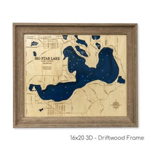 Big Star Lake - Custom Wood Map - Lake Sign - 3D Wall Art - Contour Map - Lake House Decor - Lake Map - Depth Map - Lake Art - Wood Maps