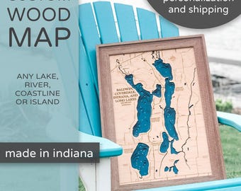 Mapa de madera personalizado: diseños personalizados de lagos, ciudades o costas.