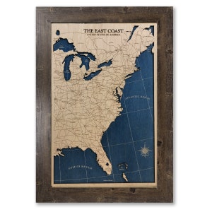 East Coast 3D-Karte - Landkarte aus Holz - Landkarte, Kunst - 3D Wandkunst - Konturenkarte - Strand Haus Dekor - 3D Karte - Topographische Karte - Tiefe Karte - Geschenk