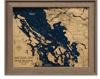 Gulf Islands Map, San Juan Islands, Custom Wood Map - Washington Map - 3D Wall Art - Contour Map - Island Map - Vancouver Map - Depth Map