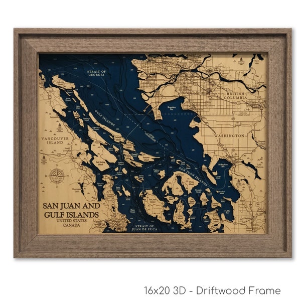 Gulf Islands Map, San Juan Islands, Custom Wood Map - Washington Map - 3D Wall Art - Contour Map - Island Map - Vancouver Map - Depth Map