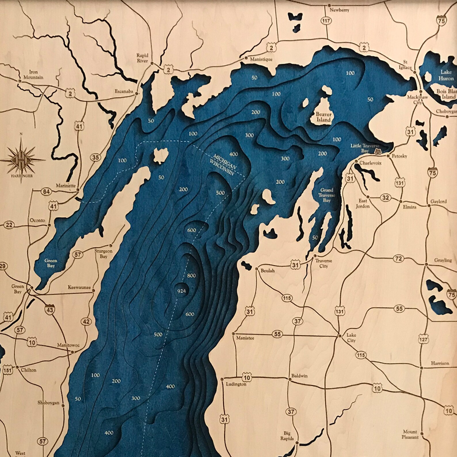 Lake Michigan Dimensional Wood Carved Depth Contour Map Etsy