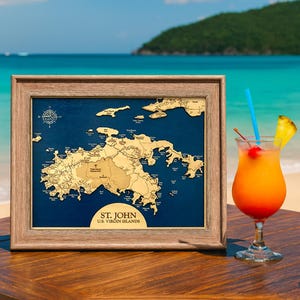 St. John-kaart, USVI-kaart, St. Thomas-kaart, 3D-muurkunst, USVI, eiland, contourkaart, decor strandhuis, eilandkaart, topografische kaart, dieptekaart