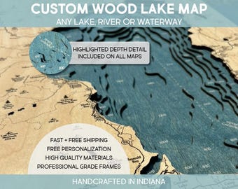 3D Custom Lake Map, Lake House Décor, Wood Depth Map, Personalized Gifts, Nautical Lake Maps, Wall Art, Signs