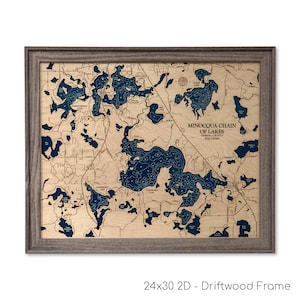 Carte chaîne des lacs Minocqua, carte du lac Minocqua, carte 3D du lac, carte du lac en bois, carte du lac Tomahawk, décoration maison du lac, art du lac, carte du lac,