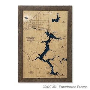 Lago Coeur d'Alene - Mapa de madeira personalizado - Arte do lago - Arte de parede dimensional - Mapa de contorno - Decoração de casa no lago - Mapa topográfico - Mapa de profundidade