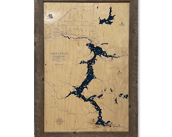 Lake Coeur d'Alene - Custom Wood Map - Lake Art - Dimensional Wall Art - Contour Map - Lake House Decor - Topographical Map - Depth Map