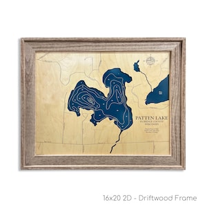 Mappa del lago Patten, arredamento per baite, mappa del campeggio, mappa del lago Wood, cartello del lago Wood, arte del lago, regalo per casa sul lago, arredamento per casa sul lago, mappa del lago