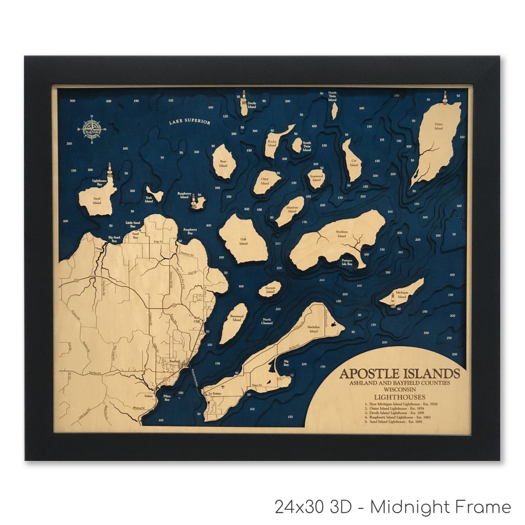 Apostle Islands Custom Wood Map Dimensional Wall Art Contour Map Lake