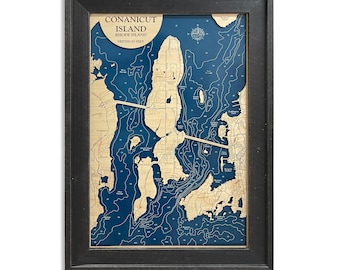 May include: A 14x22 inch 2D wooden bathymetric map of Conanicut Island, Rhode Island, featuring a dark blue water depth layer and light wood landmasses, all encased in a charcoal frame. The map includes depth markers and a compass rose.