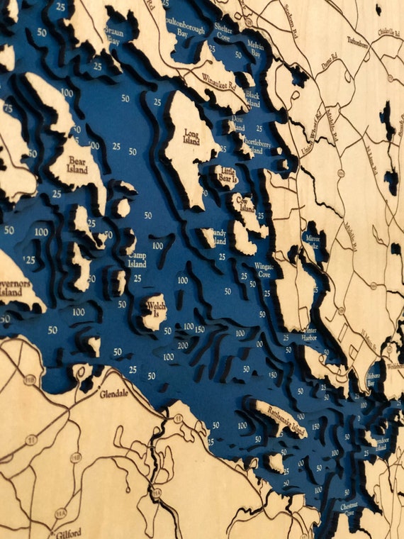 Lake Winnipesaukee, Lake House Decor,Custom Wood Map, depth map, wood
