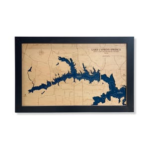 Lake Cypress Springs - aangepaste houten kaart - kunst - 3D-muurkunst - contourkaart - decor meerhuis - kaart meer - dieptekaart - cadeau meer - houten kaarten