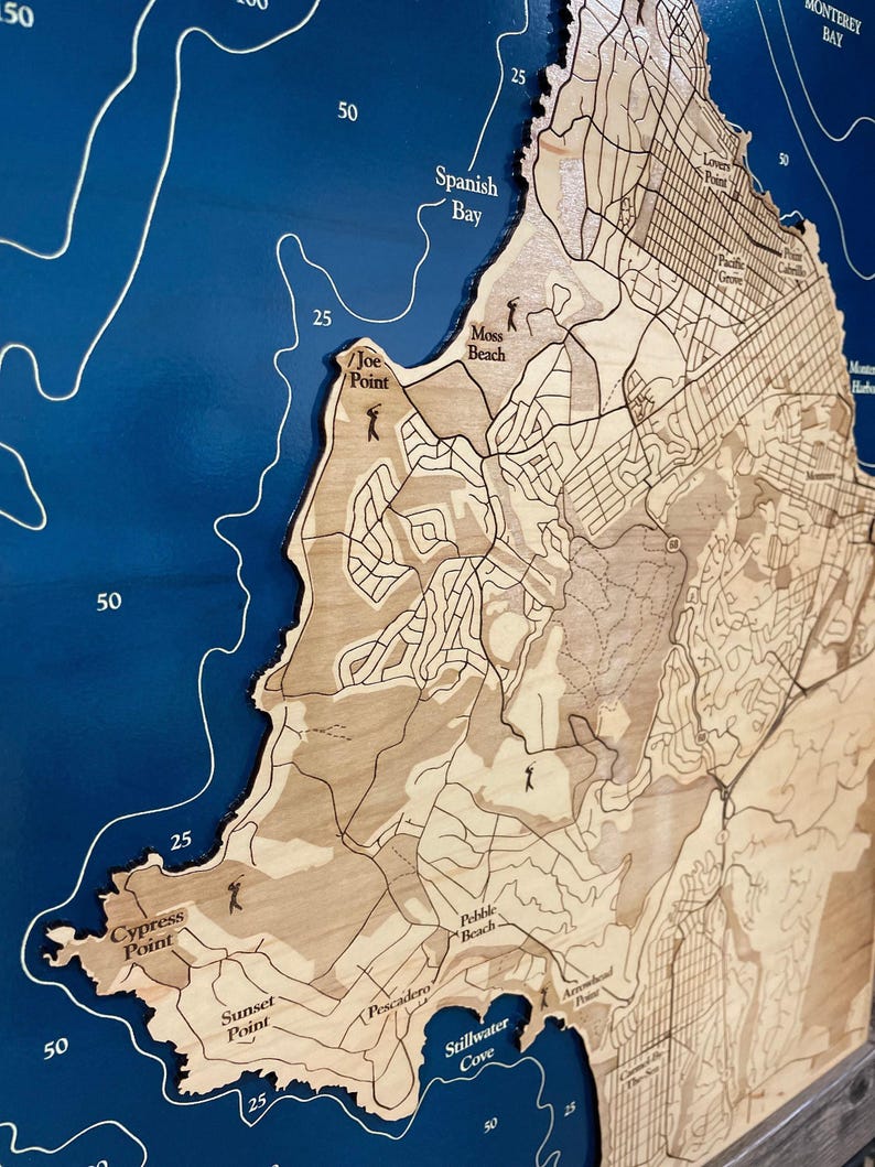 Engraved Wood Map, Monterey Bay California, Custom Beach Decor image 2