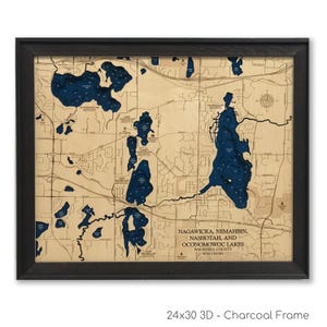 Kaart Nagawicka-meer, kaart Oconomowoc-meer, aangepaste houten kaart, 3D-muurkunst, contourkaart, decor meerhuis, kaart meer, dieptekaart, dieptekaart, cadeau meer