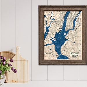 Havenkaart New York, aangepaste houten kaart, 3D-muurkunst, contourkaart, decor strandhuis, kaart eiland, housewarmingcadeau, cadeau vakantiehuis, reizen