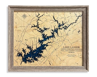 Lago Lanier - Mapa de madera personalizado - Arte - Arte mural 3D - Mapa de contorno - Decoración de casas del lago - Mapa del lago - Mapa de profundidad - Arte del lago - Mapas de madera - Regalo