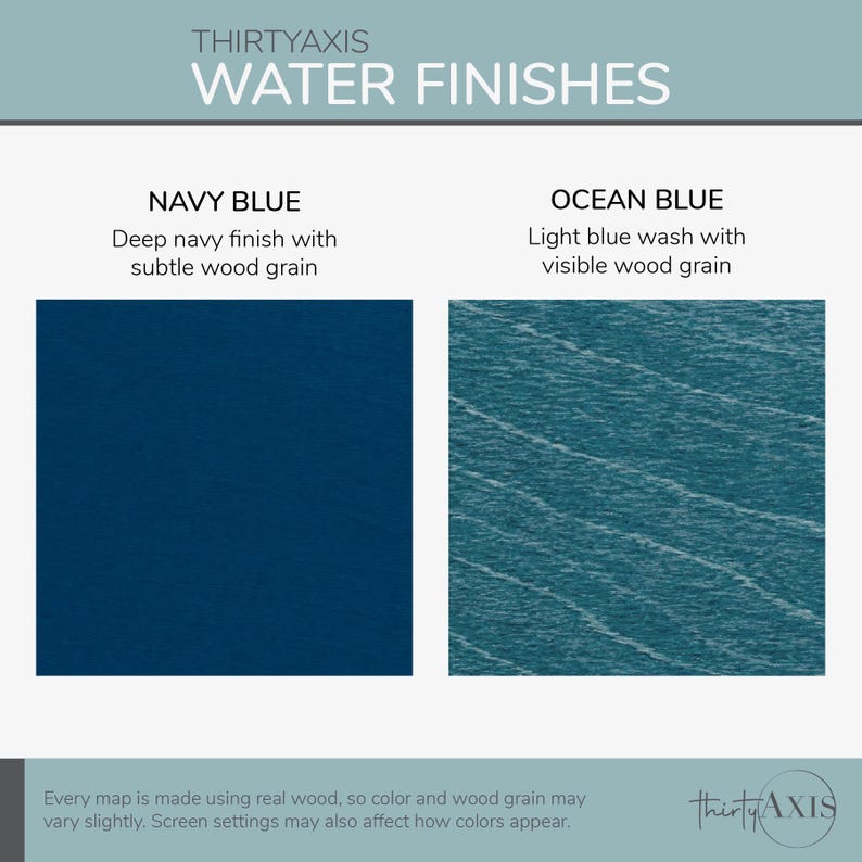 two different water finishings, Navy Blue and Ocean Blue, with a subtitle explaining the differences between the two finishes.