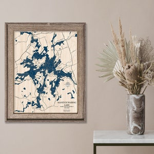 Mappa del lago Manitouwabing, mappa del lago personalizzata, mappa del lago Wood, arte murale 3D, mappa dei contorni, decorazione della casa sul lago, mappa del lago, mappa della profondità, arte del lago