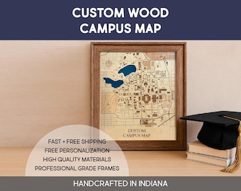 Custom Wood Campus Map, University Map, College Map, Custom College Map, College Gift, Graduate Gift, Graduation Gift, Campus Map