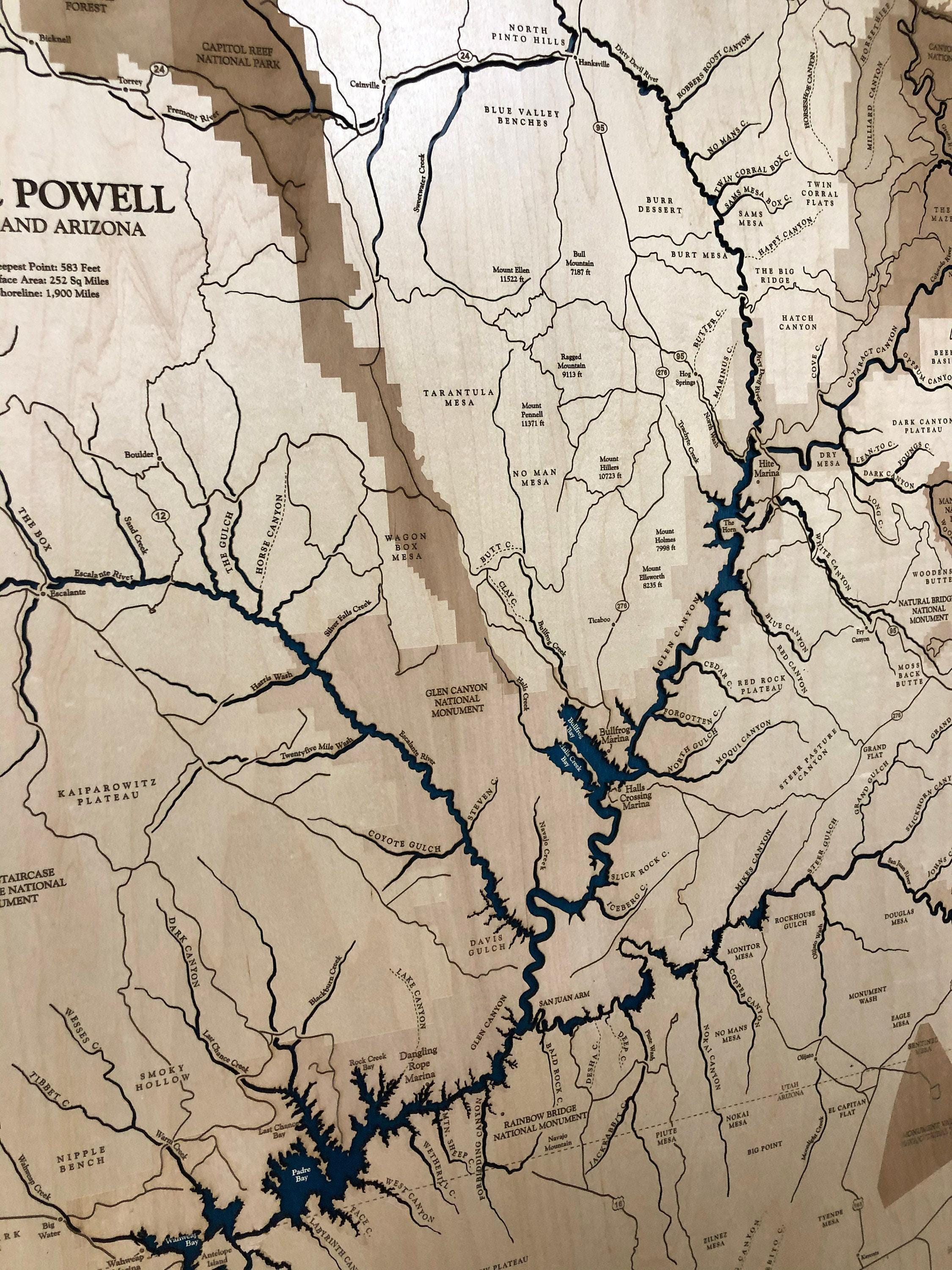 Lake Powell - Custom Wood Map - Utah Art - Utah Map - 3D Wall Art ...