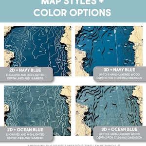 four different map styles and color options, each with varying levels of detail and depth. The first map style is 2D and navy blue, the second is 3D and navy blue, the third is 3D and ocean blue, and the fourth is 3D and ocean blue. The image emphasizes the importance of considering size limitations when creating maps, as small maps typically have fewer depth layers than medium or large maps.
