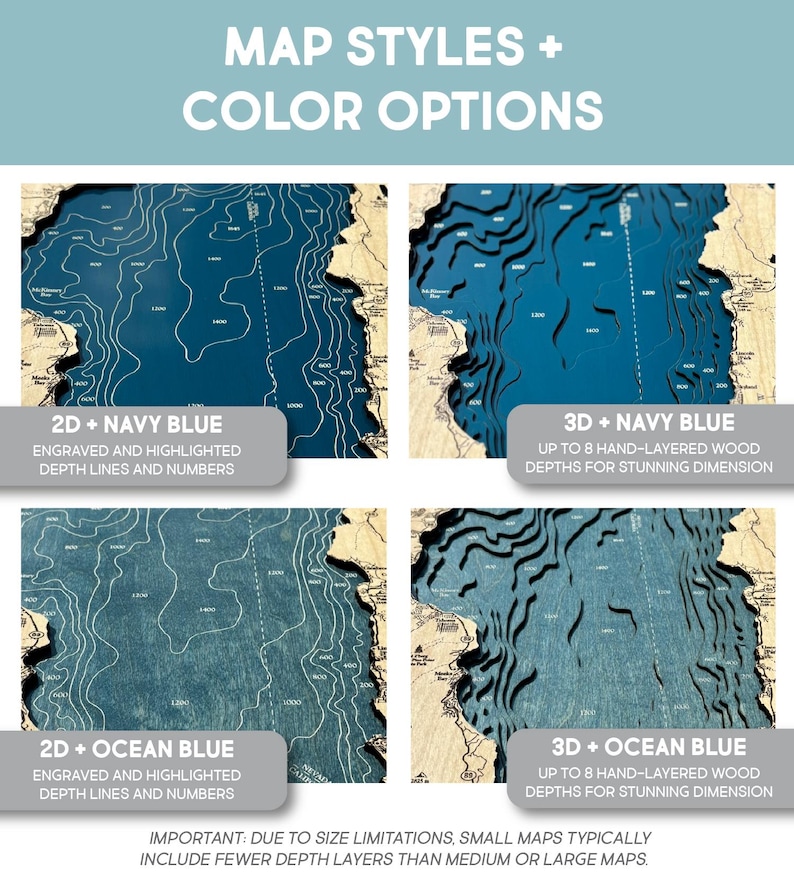 four different map styles and color options, each with varying levels of detail and depth. The first map style is 2D and navy blue, the second is 3D and navy blue, the third is 3D and ocean blue, and the fourth is 3D and ocean blue. The image emphasizes the importance of considering size limitations when creating maps, as small maps typically have fewer depth layers than medium or large maps.