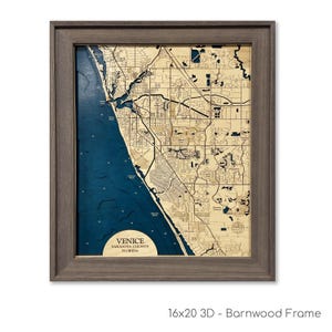 Carte de Venise en Floride, carte de Venice Beach, carte en bois personnalisée - art mural 3D - contour de la carte - décoration maison de plage - carte de l'île - carte de la Floride - carte de la profondeur