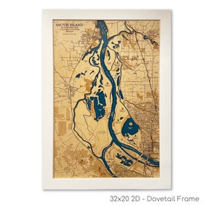 Mappa dell'isola di Sauvie, fiume Columbia, mappa personalizzata del lago, cartello personalizzato del lago, mappa del lago in legno, mappa del lago in 3D, mappe in legno in 3D, regalo per il lago, decorazioni per la casa sul lago