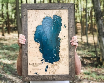 Lake Tahoe, Custom Wood Map, Wall Art, Contour Map Lake House Decor, Lake Map, Depth Map, Lake Gift, Lake House, Lake Art