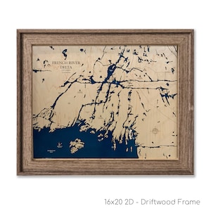 Carte du delta de la rivière des Français, rivière des Français, carte du lac en bois, panneau du lac en bois, art du lac, cadeau maison du lac, décoration de la maison du lac, carte du lac, lac personnalisé