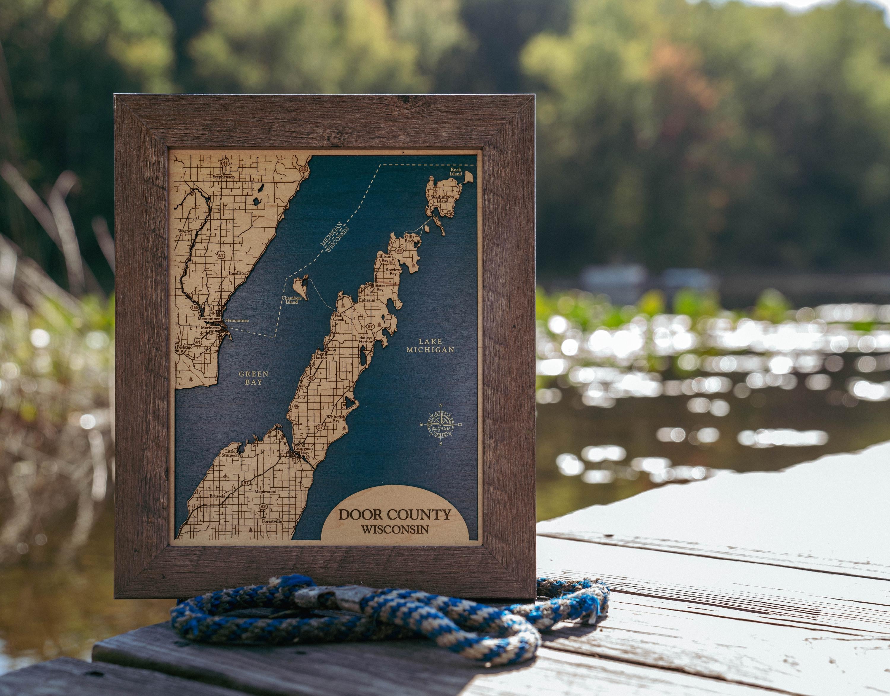 Door County Map, Door County Wisconsin, Wisconsin Map, Wood Lake Map, Wood 3D Map, 3D Lake Map, Green Bay Map, Green Bay, Lake Michigan Map