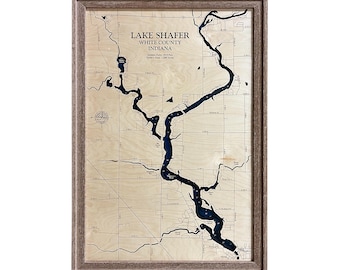 Lago Shafer - Mapa de madera personalizado - Arte - Arte mural 3D - Mapa de contorno - Decoración de casas de lago - Mapa de lago - Mapa de profundidad - Arte de lago - Mapas de madera - Regalo