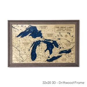 Mappa dei Grandi Laghi, mappa del lago in 3D, mappa del lago personalizzata, arte del lago personalizzata, mappa del lago Michigan, mappa del lago Superiore, arte murale in 3D, decorazioni per case sul lago