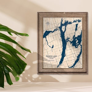 Mapa del lago Pigeon, mapa del lago Wood, mapa personalizado del lago, letrero personalizado del lago, arte personalizado del lago, mapa del lago Wood, mapa del lago, decoración de la casa del lago