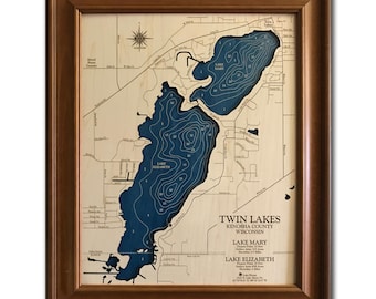 Twin Lakes, Wisconsin - Mapa de madera personalizado - Arte - Arte mural 3D - Mapa de contorno - Decoración de casas en el lago - Mapa de lagos - Mapa de profundidad - Mapa en relieve - Mapas de madera